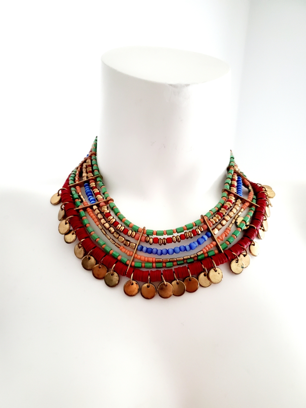 Multi-Color Beaded Statement Necklace with Gold Discs